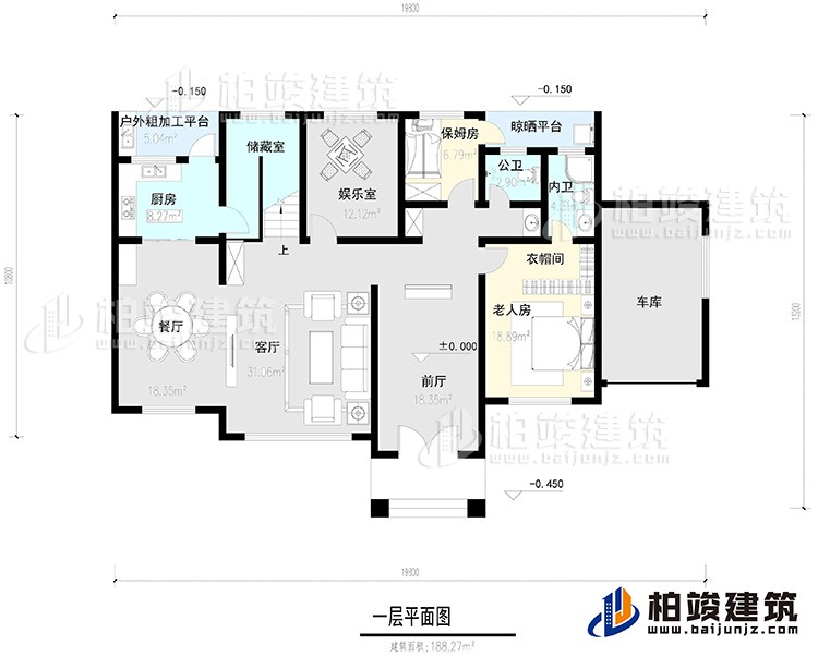 一层：2卧室，公卫，健身房，2露台。