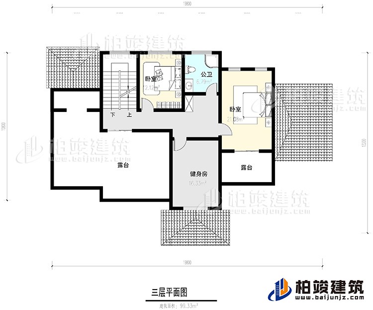 三层：2卧室，公卫，健身房，2露台。