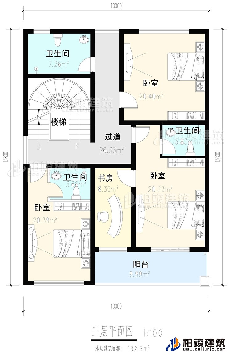 三层：3卧室，2内卫，公卫，楼梯，书房，阳台