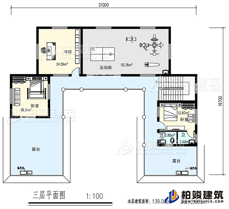 三层：书房，运动房，2卧室，2卫生间，露台