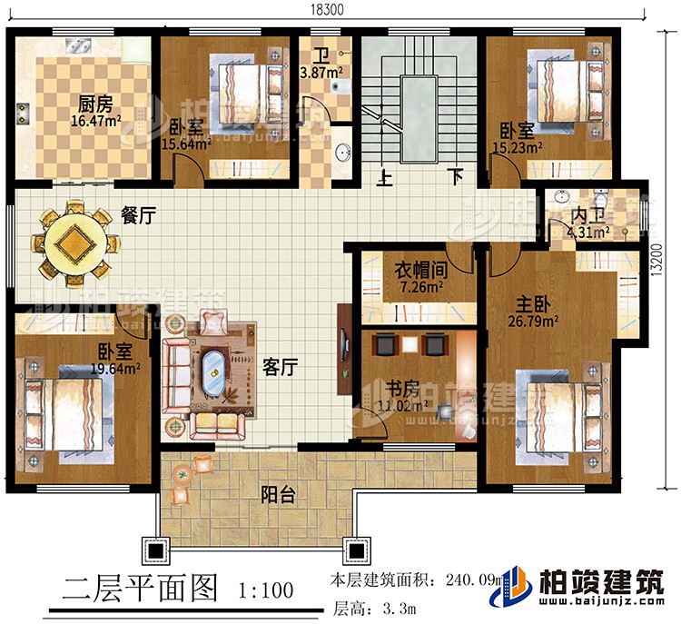 二层：4卧室，客厅，书房，衣帽间，厨房，餐厅，2卫生间，阳台