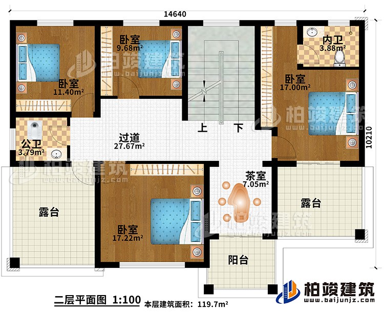 二层：4卧室，公卫，内卫，茶室，2露台 ，阳台