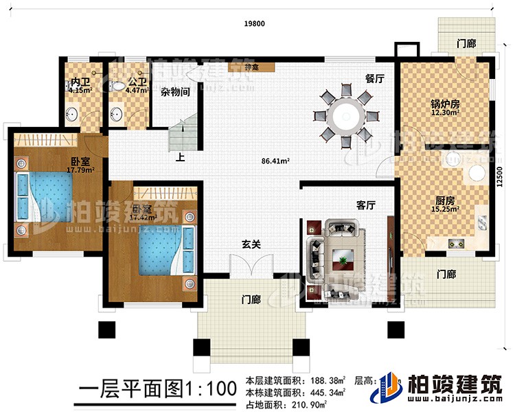 一层：3门廊、玄关、客厅、厨房、锅炉房、2卧室、餐厅、神龛、杂物间、公卫、内卫