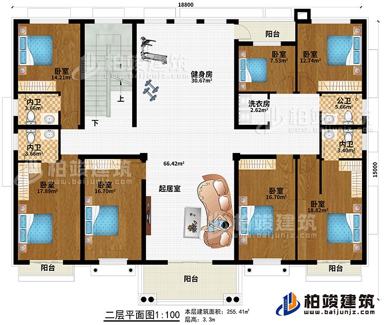 二层：7卧室、起居室、健身房、3内卫、公卫、洗衣房、4阳台