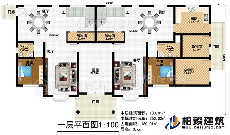 一层：3门廊、堂屋、2客厅、2卧室、2公卫、2餐厅、2储物间、厨房、2杂物间