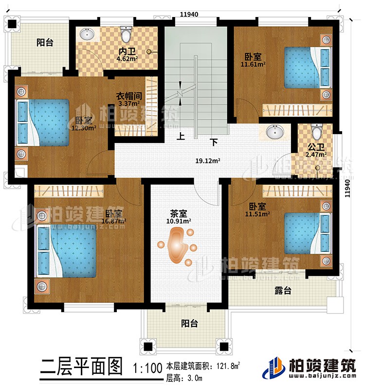 二层：4卧室、衣帽间、茶室、公卫、内卫、2阳台、露台