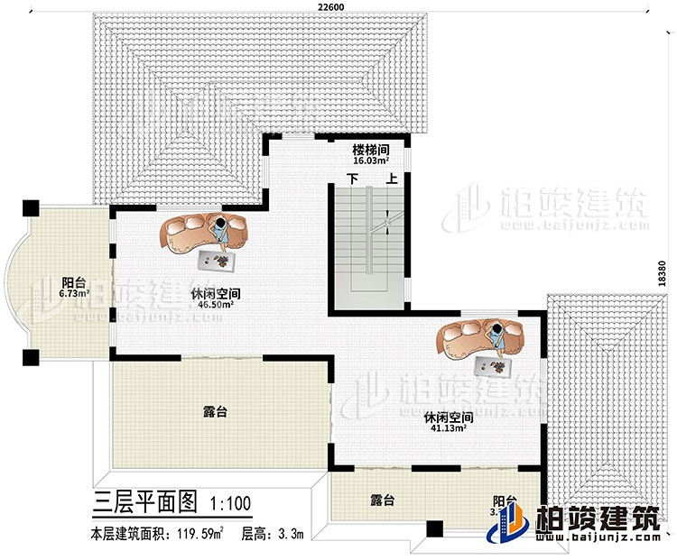 顶层：2休闲空间、2露台、2阳台、楼梯间