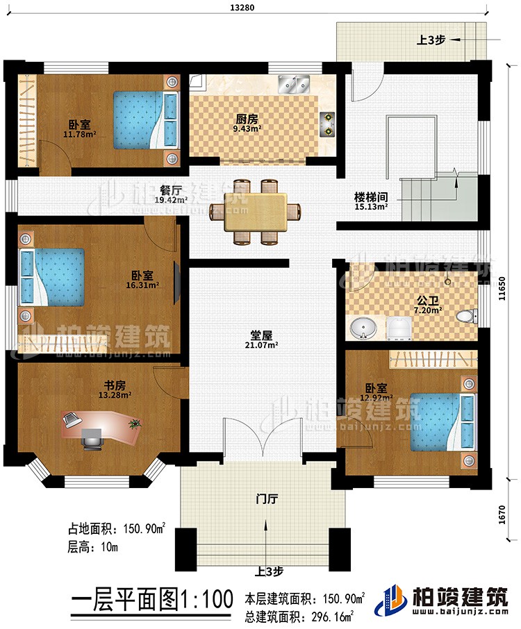 一层：门厅、堂屋、餐厅、厨房、楼梯间、3卧室、书房、公卫