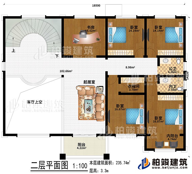 二层：4卧室、起居室、书房、客厅上空、衣帽间、内阳台、阳台、公卫、内卫