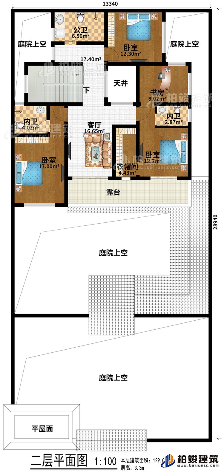 二层：平屋面、4庭院上空、3卧室、客厅、天井、衣帽间、书房、公卫、2内卫