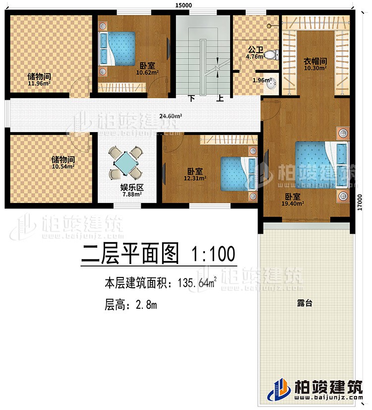 阁楼：娱乐区、2储物间、3卧室、衣帽间、露台