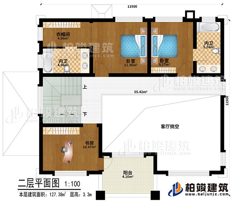 二层：客厅挑空、2卧室、衣帽间、书房、2内卫、阳台