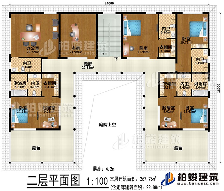 二层：办公室、书房、2起居室、3衣帽间、4卧室、2淋浴房、5内卫、走廊、2露台、庭院上空