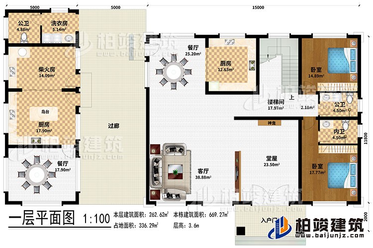 一层：入户门廊、堂屋、客厅、神龛、2餐厅、2厨房、柴火房、楼梯间、洗衣房、2卧室、2公卫、内卫、岛台、过廊