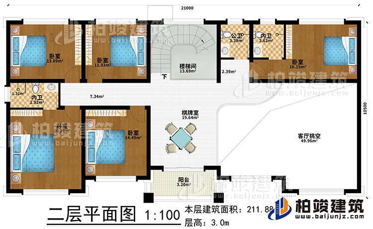 二层：棋牌室、楼梯间、5卧室、2内卫、公卫、客厅挑空、阳台