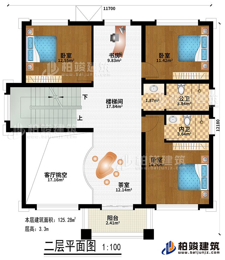 二层：楼梯间、书房、茶室、客厅挑空、3卧室、公卫、内卫、阳台