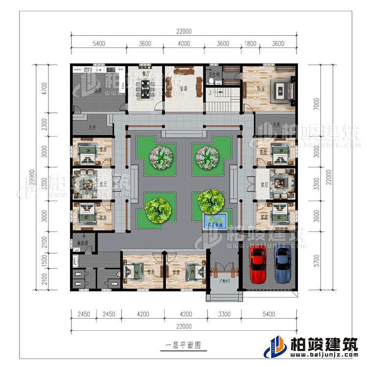 一层：广亮大门、车库、书房、公卫、7卧室、2客厅、餐厅、厨房、堂屋、2天井、内卫、荷花鱼池