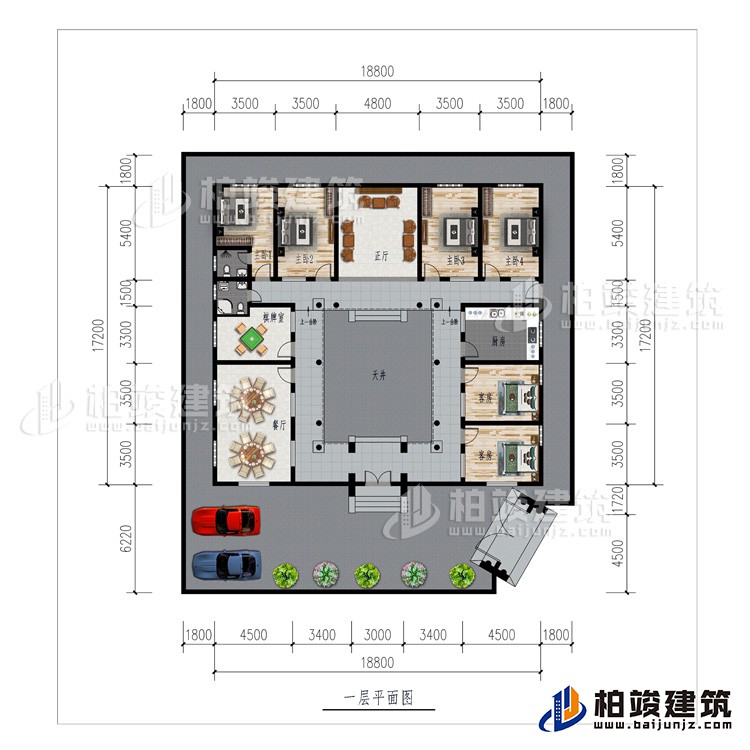 一层：车库、餐厅、棋牌室、厨房、正厅、6卧室、公卫、内卫