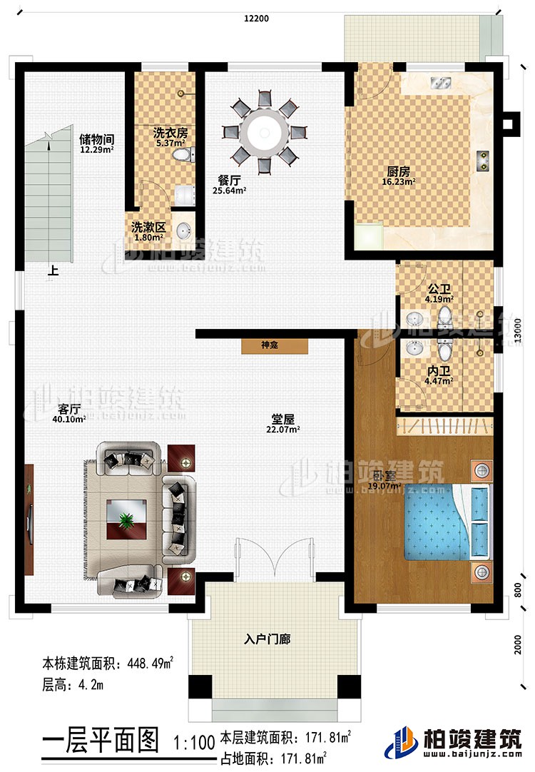 一层：入户门廊、堂屋、神龛、客厅、餐厅、厨房、卧室、公卫、内卫、洗漱区、洗衣房、储物间