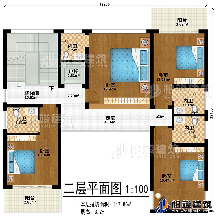 二层：走廊、4卧室、4内卫、2阳台、楼梯间、电梯