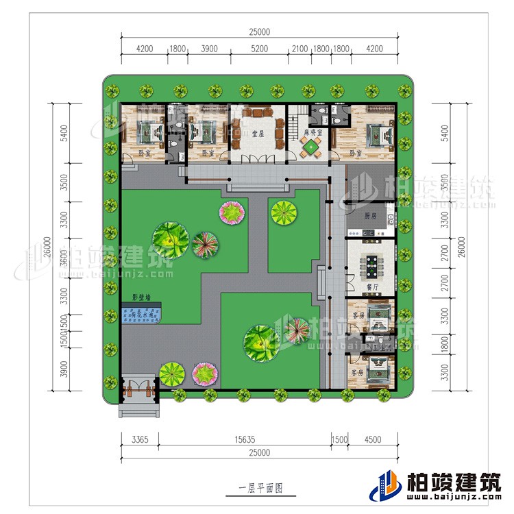 一层：影壁墙、花园、堂屋、厨房、餐厅、5卧室、2公卫、2内卫、麻将室