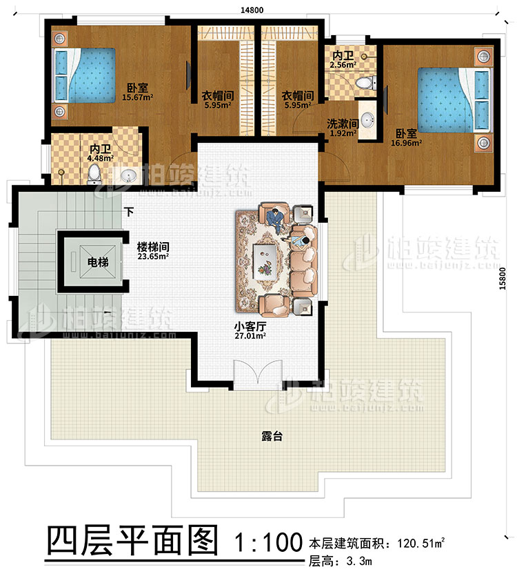 四层：2卧室、2衣帽间、2内卫、楼梯间、电梯、小客厅、露台