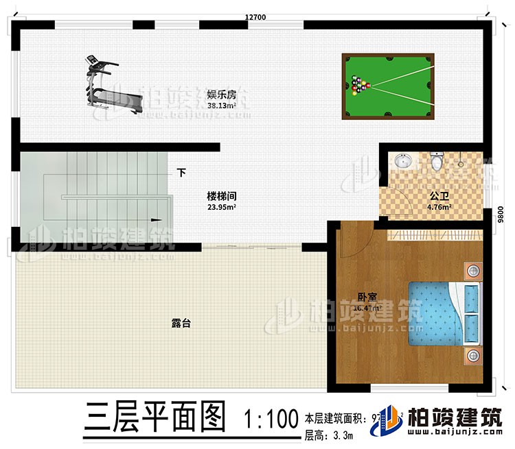 三层：娱乐室、楼梯间、公卫、卧室、露台