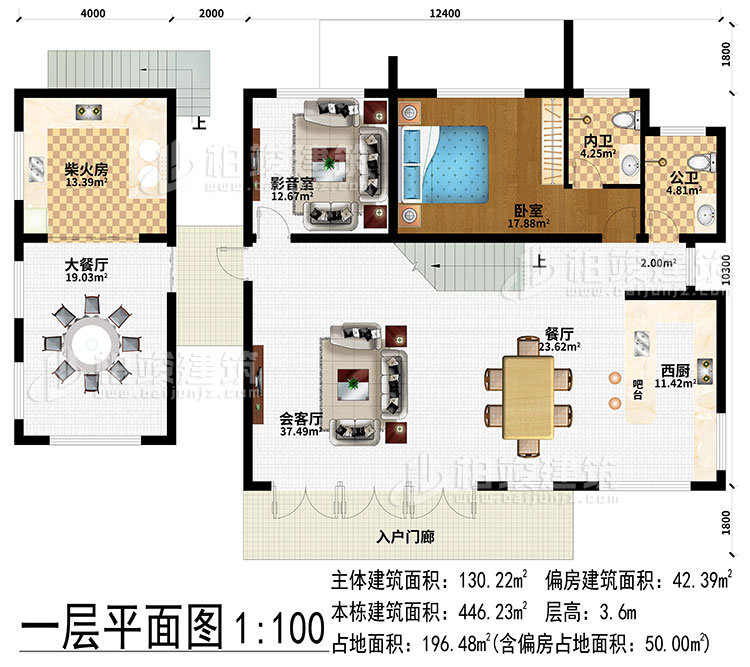 一层：入户门廊、餐厅、西厨、吧台、会客厅、影音室、柴火房、大餐厅、卧室、公卫、内卫