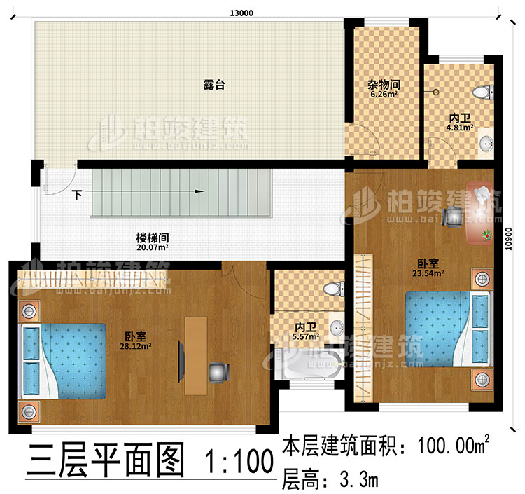 三层：2卧室、楼梯间、露台、2内卫、杂物间