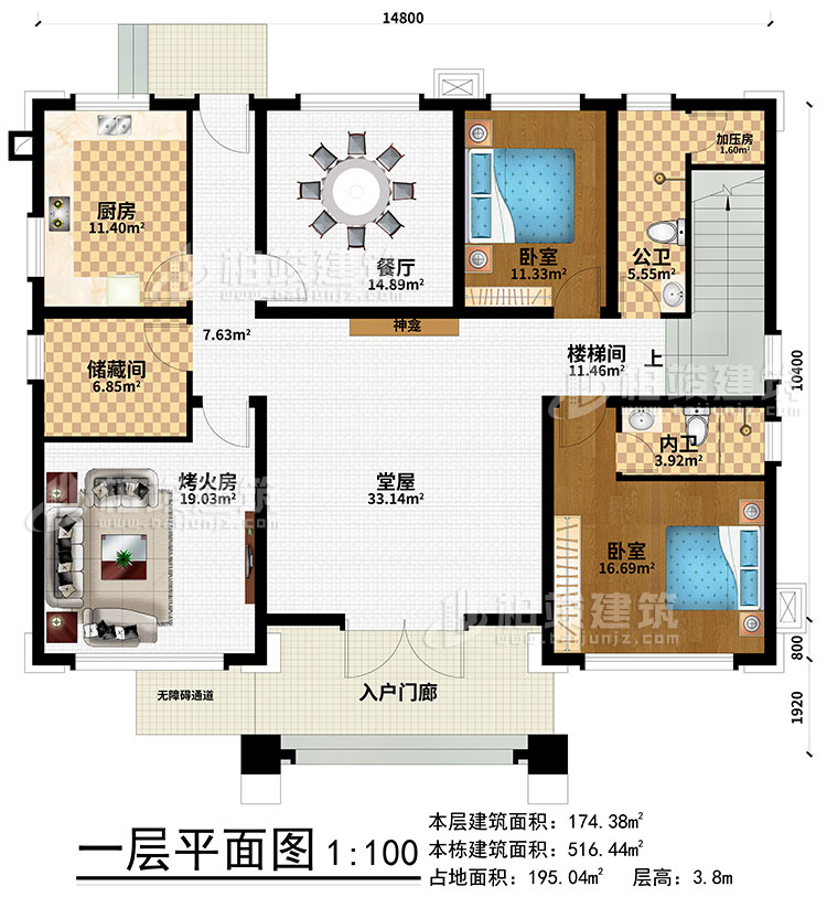 一层：入户门廊、无障碍通道、厨房、餐厅、储藏间、烤火房、公卫、加压房、楼梯间、2卧室、内卫