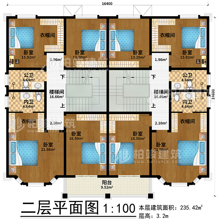 二层：2楼梯间、8卧室、4衣帽间、2公卫、2内卫、阳台