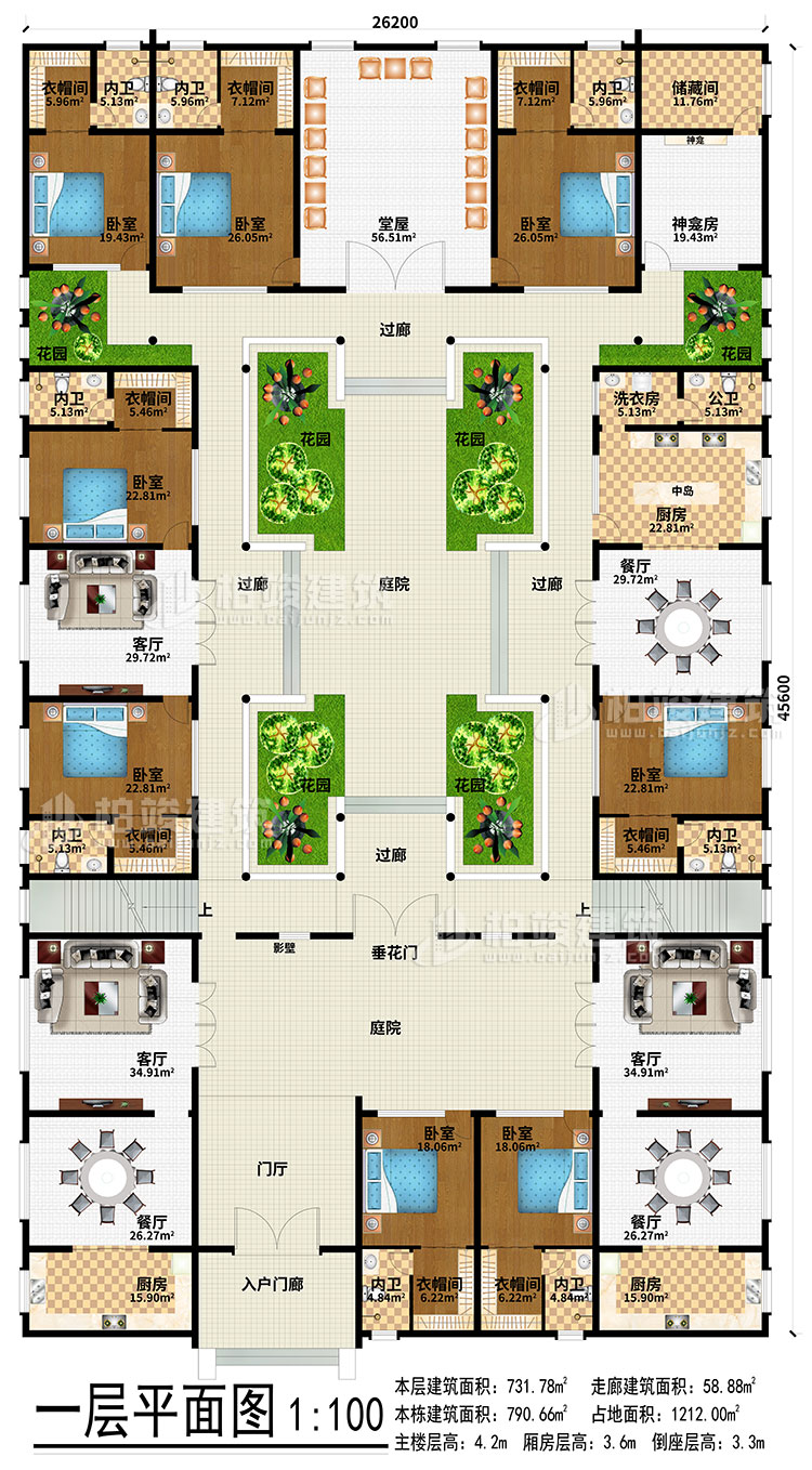 一层：入户门廊、门厅、3餐厅、3厨房、3客厅、堂屋、神龛、神龛房、储物间、6花园、4过廊、2庭院、影壁、垂花门、中岛、洗衣房、公卫、8卧室、8衣帽间、8内卫