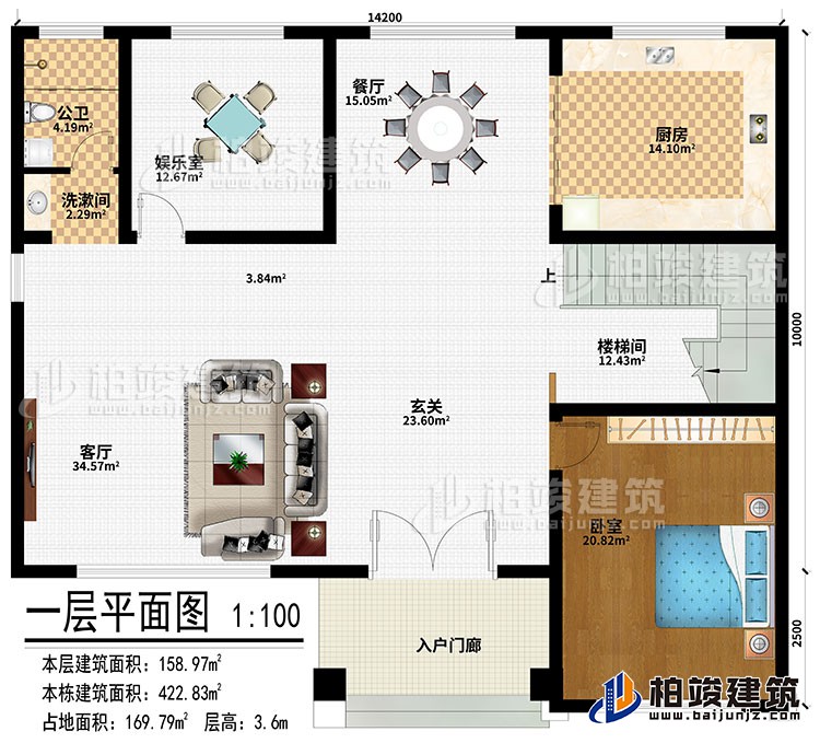 一层：入户门廊、玄关、客厅、餐厅、厨房、娱乐室、楼梯间、卧室、洗漱间、公卫