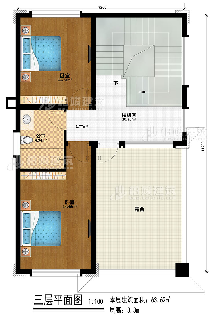 三层：2卧室、楼梯间、公卫、露台