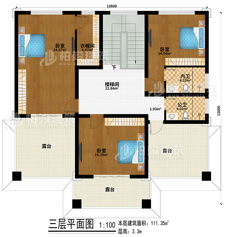 三层：楼梯间、3卧室、公卫、内卫、3露台、衣帽间