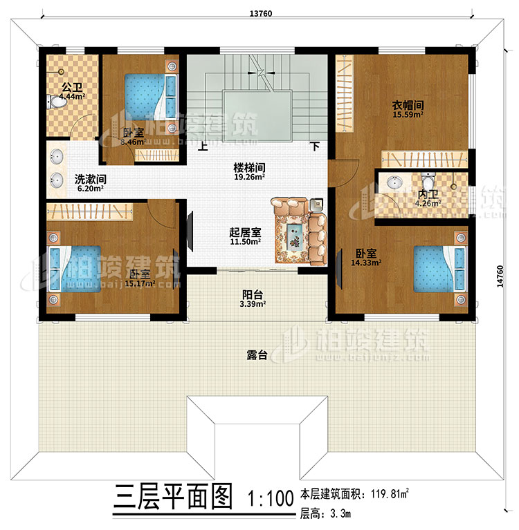 三层：楼梯间、起居室、3卧室、衣帽间、洗漱间、公卫、内卫、阳台、露台