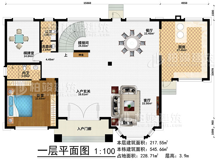 一层：楼梯间、3卧室、衣帽间、公卫、内卫、阳光房、凉亭、2露台