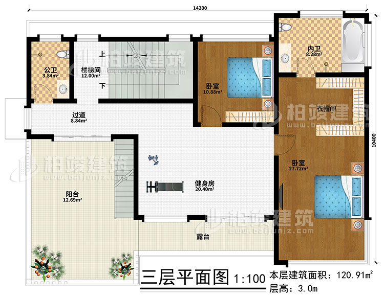 三层：健身房、楼梯间、2卧室、衣帽间、过道、公卫、内卫、阳台、露台