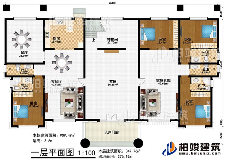 一层：入户门廊、堂屋、客餐厅、餐厅、厨房、楼梯间、4卧室、2公卫、3内卫、家庭影院