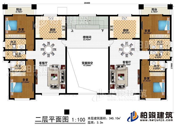 二层：堂屋挑空、楼梯间、2厨房、2客餐厅、4卧室、2公卫、4内卫、2阳台