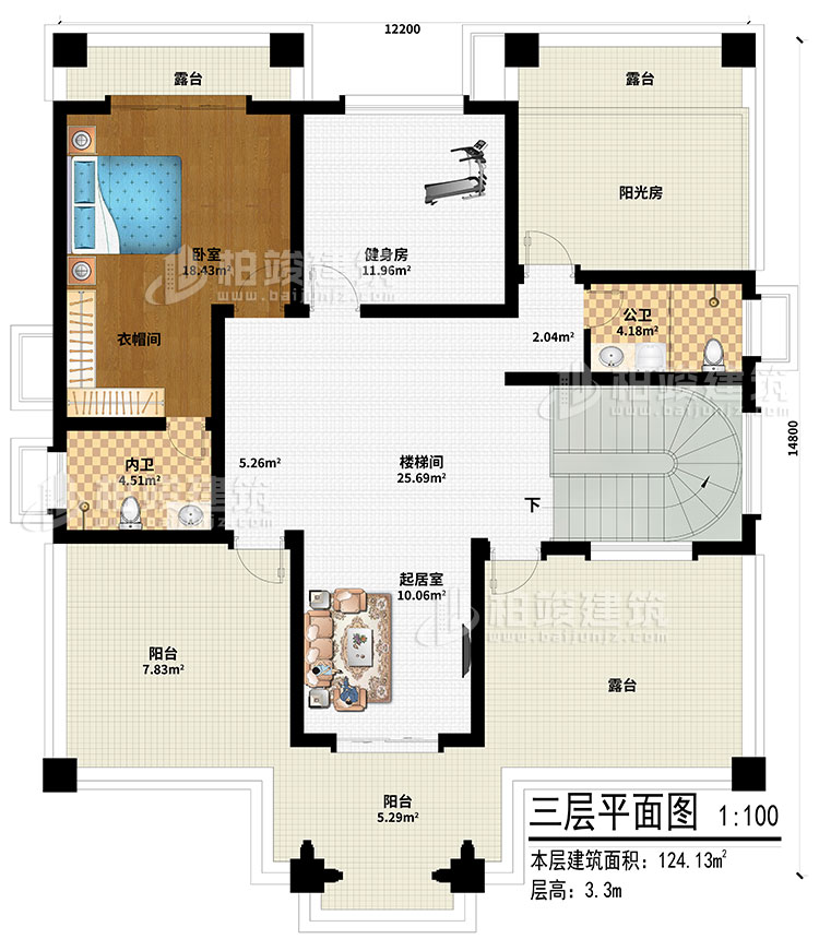 三层：起居室、楼梯间、健身房、阳光房、卧室、衣帽间、内卫、公卫、2阳台、3露台