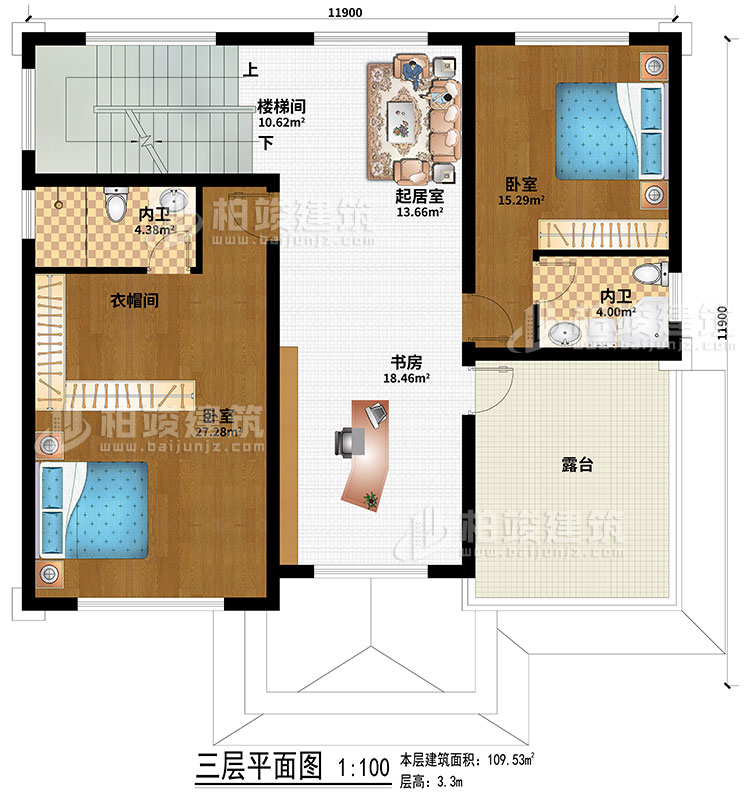 三层：2卧室、起居室、楼梯间、衣帽间、书房、2内卫、露台