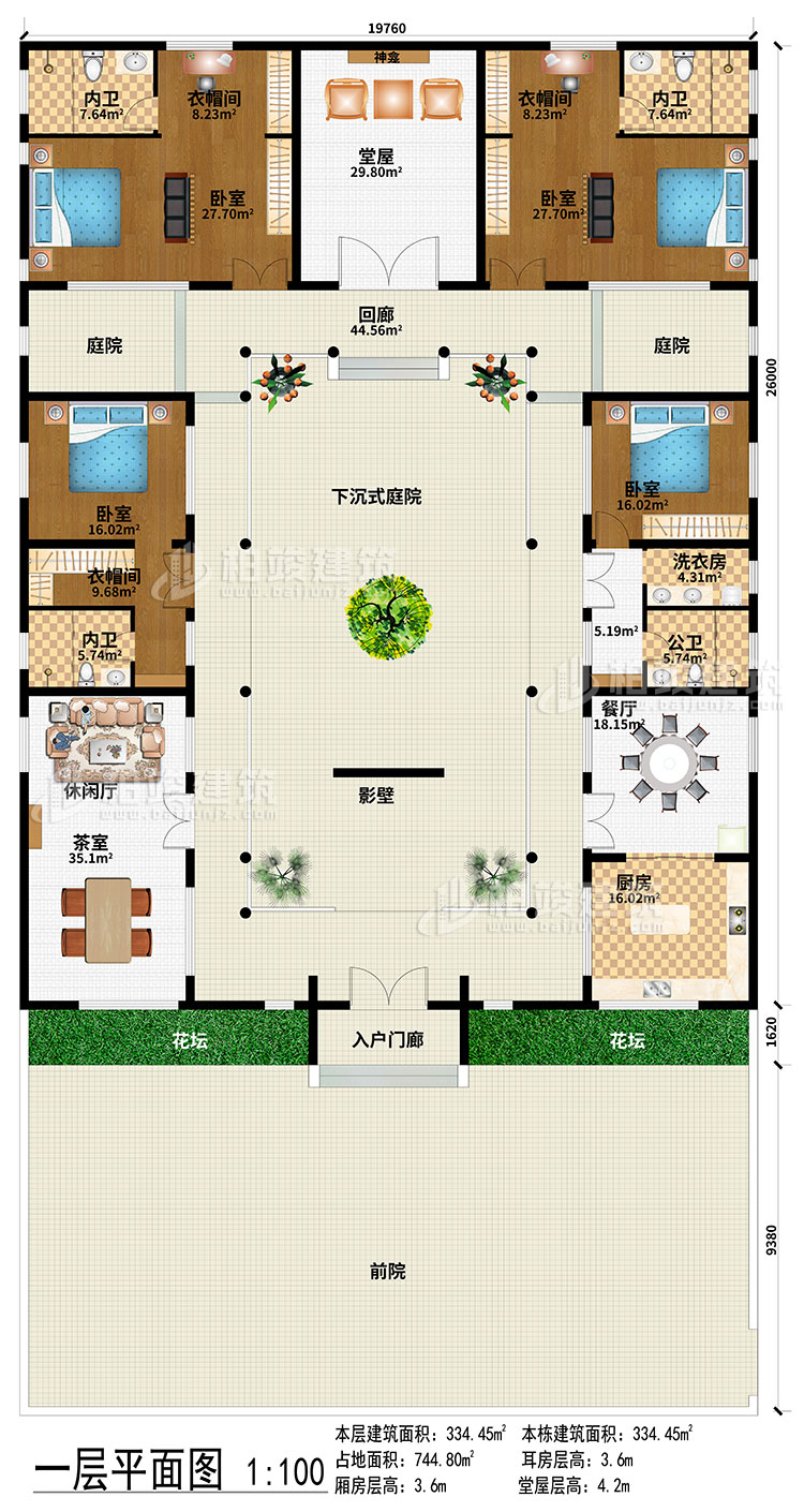 一层：前院、入户门廊、影壁、下沉式庭院、回廊、2庭院、茶室、休闲厅、餐厅、厨房、堂屋、神龛、4卧室、3衣帽间、3内卫、公卫、洗衣房
