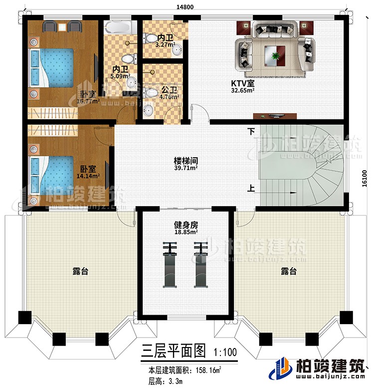 三层：2卧室、KTV室、楼梯间、健身房、公卫、2内卫、2露台