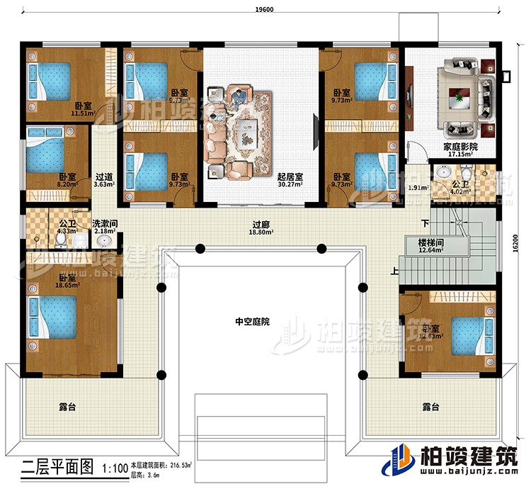 二层：过廊、楼梯间、中空庭院、起居室、8卧室、家庭影院、2公卫、洗漱间、过道、2露台