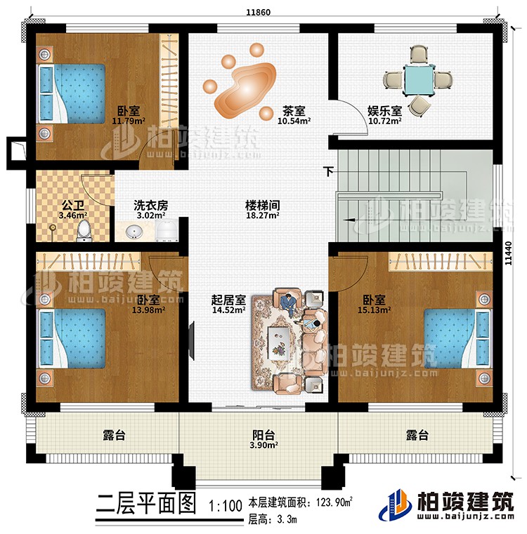 二层：楼梯间、起居室、茶室、3卧室、娱乐室、洗衣房、公卫、阳台、2露台