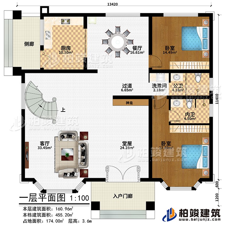 一层：入户门廊、侧廊、堂屋、神龛、客厅、厨房、餐厅、过道、2卧室、洗漱间、公卫、内卫