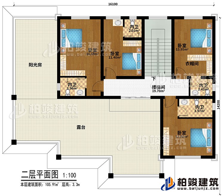 二层：4卧室、衣帽间、楼梯间、4内卫、阳光房、露台