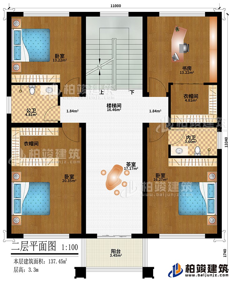 二层：楼梯间、3卧室、2衣帽间、书房、茶室、公卫、内卫、阳台