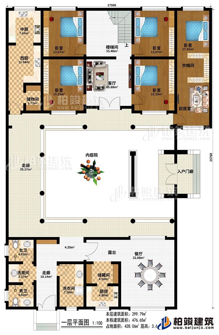 一层：入户门廊、内庭院、2走廊、餐厅、厨房、中厨、西厨、2储物间、5卧室、起居室、衣帽间、楼梯间、客厅、洗衣间、洗漱间、女卫、男卫